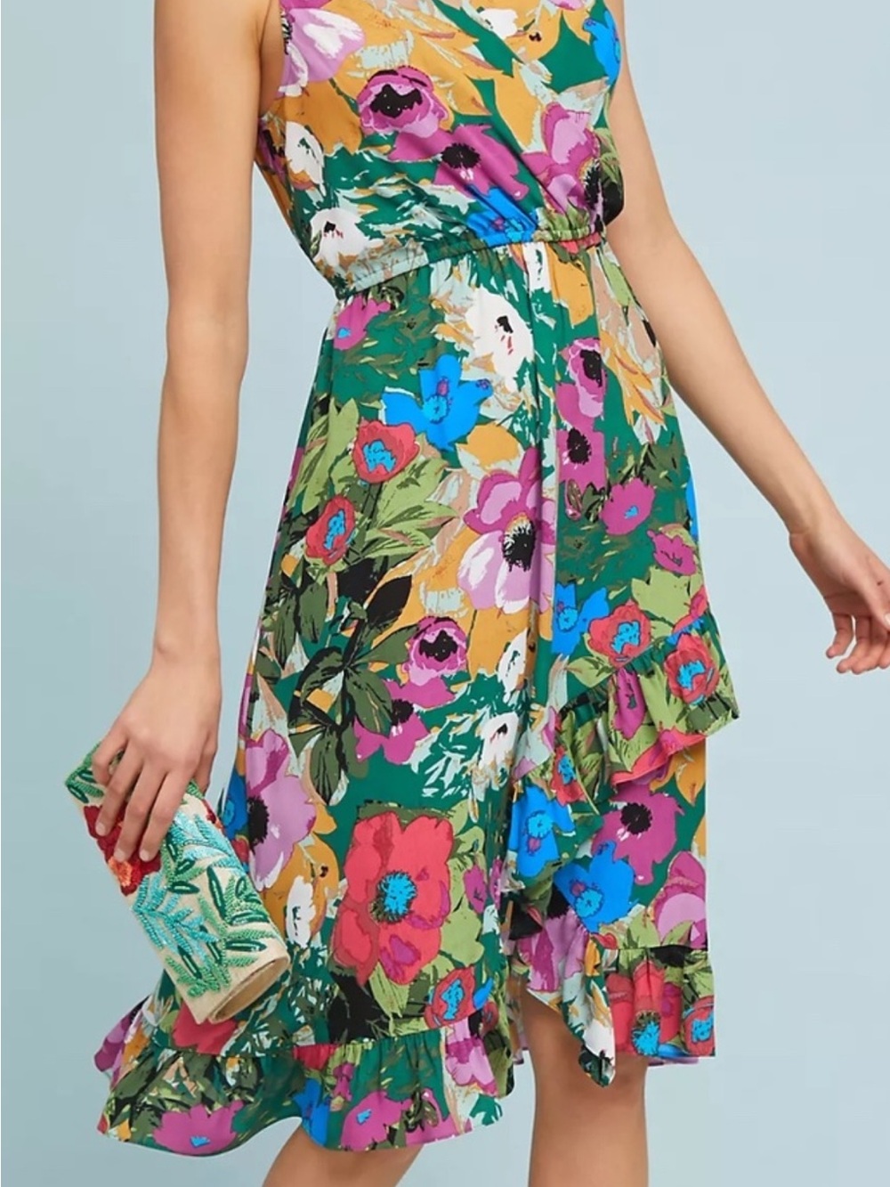 Anthropologie Tracy Reese Green Multicolor Floral Ruffle Midi Dress S